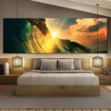 Load image into Gallery viewer, Wave  Sunset  Canvas  Print  Green  Ocean  Waves  Falling  Multi  Canvas  Artwork  Cloudy  Yellow  Sunset  Sky  Bedroom  1  Piece  Canvas  Wall  Art In Bedroom
