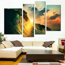 Load image into Gallery viewer, Wave Sunset Canvas Print Green Ocean Waves Falling Multi Canvas Artwork Cloudy Yellow Sunset Sky  4 Piece Canvas Wall Art 
