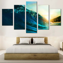 Load image into Gallery viewer, Waves  Sunset  Canvas  Wall  Art  Blue  Surfing  Waves  Canvas  Print  Beautiful  Yellow  Sunset  Ocean  Waves    5  Piece  Canvas For Bedroom
