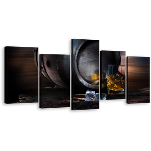 Whisky Barrel Canvas Wall Art, Brown Drink Barrel Ice Cubes 5 Piece Canvas Set, Yellow Glass of Whisky Canvas Print