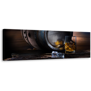 Whisky Glass Canvas Wall Art, Brown Whisky Barrel Canvas Artwork, Yellow Whisky On The Rocks Panoramic Canvas Print
