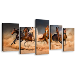 Wild Animal Canvas Wall Art, White Brown Horses Canvas Print, Wild Horses Herd 5 Piece Multiple Canvas