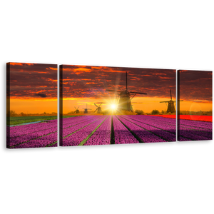 Windmill Scenery Canvas Print, Cloudy Orange Sky Windmill Triptych Multiple Canvas, Green Holland Landscape 3 Piece Canvas Wall Art, Purple Red Tulip Fields Canvas Set