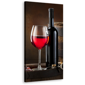 Wine Bottle Wall Art, Red Grapes With Red Wine Vertical 1 Piece Canvas Art, Brown Wine Barrel Canvas Print
