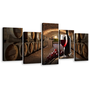Wine Bottles Canvas Wall Art, Red Wine Drink Glass 5 Piece Multi Panel Canvas, Old Wine Cellar Canvas Set, Brown Drink Barrels Canvas Print