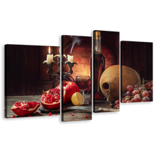 Load image into Gallery viewer, Wine Fruits Canvas Canvas Wall Art, Red Wine Candlelight 4 Piece Canvas Print, Colorful Still Life Wine Bottle Multi Canvas Artwork
