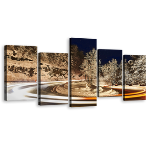 Winter Road Canvas Print, Snow Night Sky Multiple Canvas, Grey Trees Vortex light 5 Piece Canvas Wall Art, White Orange Light Trail Canvas Set