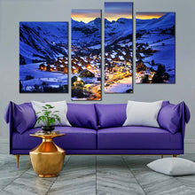 Load image into Gallery viewer, Winter Mountain Canvas Wall Art Yellow Ski Resort Canvas Print France Blue Evening Landscape 4 Piece Multiple Canvas
