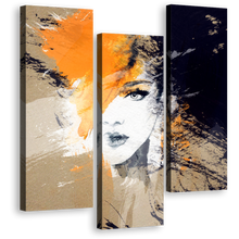 Load image into Gallery viewer, Woman's Face Close-Up - Fashion Illustration Orange Abstract Canvas Print - 3 Piece Canvas Art Set
