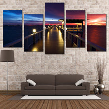 Load image into Gallery viewer, Wooden Bridge Canvas Wall Art Dramatic Blue Red Sunset Sky Canvas Set Pier at Sea  5 Piece Canvas Print In Living Room

