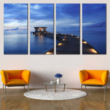 Load image into Gallery viewer, Wooden Pier Canvas Wall Art Yellow Pier Lights Canvas Set Blue Maldives Sea Pier  4 Piece Canvas Print For Your Living Room
