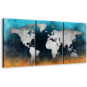 World Map Canvas Wall Art, Colorful Background 3 Piece Canvas Print
