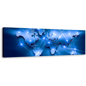 World Map Canvas Wall Art, Connected Map With White Lines Panoramic Canvas Print, Blue World Map Canvas Artwork