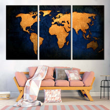 Load image into Gallery viewer, World Map Canvas Wall Art Blue Background World Map 3 Piece Multi Canvas Artwork Golden Map Canvas Print In Living Room
