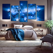 Load image into Gallery viewer, World Map blue background bright lights 5 Piece Canvas Art For Bedroom
