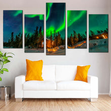 Load image into Gallery viewer, Yellowknife Canada Canvas Wall Art Green Aurora Borealis Multi Canvas Aurora Blue Starry Sky  5 Piece Canvas Print In Living Room
