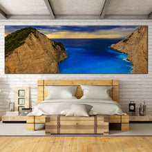 Load image into Gallery viewer, Zakynthos Island Canvas Print Brown Greece Beach Mountains Bedoom 1 Piece Canvas Wall Art Yellow Sky Ocean Beach Wide Canvas In Bedroom
