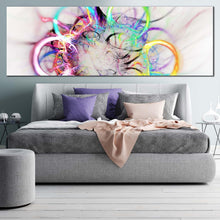 Load image into Gallery viewer, abstract circle canvas print colorful abstract bright panoramic canvas wall art abstract elements digital artwork wide canvas in bed room
