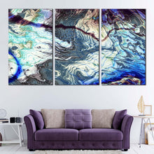Load image into Gallery viewer, abstract fractal canvas wall art blue gray abstract marble texture 3 piece canvas print modern abstract element triptych multiple canvas For Living Room
