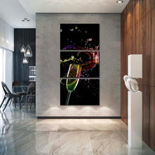 Load image into Gallery viewer, alcohol  glass  canvas  print  champagne  digital  artwork  3  piece  multi  canvas  colorful  champagne  glass  splash  canvas  print In Living Room
