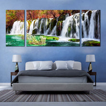 Load image into Gallery viewer, azure  lake  canvas  print  colorful  autumn  forest  water  scene  3  piece  canvas  wall  art  beautiful  jiuzhaigou  nature  waterfall  multi  canvas  artwork In Bedroom
