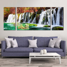 Load image into Gallery viewer, azure  lake  canvas  print  colorful  autumn  forest  water  scene  3  piece  canvas  wall  art  beautiful  jiuzhaigou  nature  waterfall  multi  canvas  artwork In Living Room
