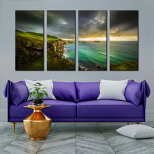 Load image into Gallery viewer, ballintoy ocean canvas wall art yellow sunset coastline ocean 4 piece multiple canvas green ireland sea canvas print For Living Room
