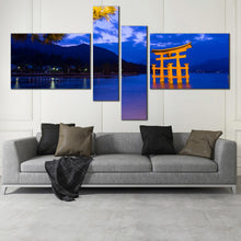 Load image into Gallery viewer, beautiful blue city wall art itsukushima shrine evening canvas print mountain ocean beauty 4 piece multi canvas In Living Room
