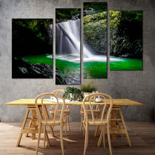 Load image into Gallery viewer, beautiful nature canvas wall art green cave waterfall scenery 4 piece canvas natural bridge waterfall canvas print white majestic waterfall canvas set for living room
