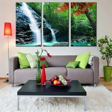 Load image into Gallery viewer, beautiful nature canvas wall art white rainforest waterfall 3 piece canvas print amazing green tropical forest multiple canvas For Living Room
