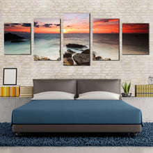 Load image into Gallery viewer, beautiful ocean canvas print brown ocean rocks 5 piece canvas wall art red yellow cloudy sky seascape multi canvas For Bedroom
