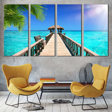 Load image into Gallery viewer, beautiful ocean canvas wall art beautiful blue sea multiple canvas brown wooden bridge tropical paradise 4 piece canvas print In Your Living room
