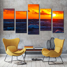 Load image into Gallery viewer, beautiful sea canvas wall art blue ocean waves 5 piece multiple canvas red clouds ocean seascape canvas print For Living Room
