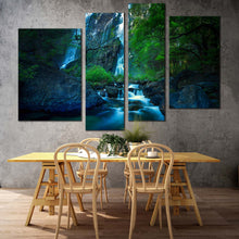 Load image into Gallery viewer, beautiful waterfall canvas wall art thailand waterfall in green forest 4 piece multi canvas blue khlong lan waterfall canvas print in living room
