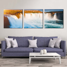 Load image into Gallery viewer, beautiful  waterfall  canvas  wall  art  yellow  godafoss  cascade  landscape  waterfall  canvas  print  europe  blue  waterfall  bardardalur  valley  3  piece  canvas  set For Living Room
