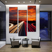 Load image into Gallery viewer, beautiful  busy  city  traffic  car  light  trail  through  twilight  triptych  canvas  print For Living Room
