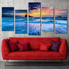 Load image into Gallery viewer, biarritz seascape canvas wall art yellow cloudy sky ocean canvas print blue ocean waves sea 5 piece multi canvas For Your Living Room
