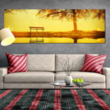 Load image into Gallery viewer, bright  tree  blossom  bench  reflection  river  panoramic  canvas  artwork For Living Room
