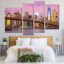 Load image into Gallery viewer, brooklyn bridge canvas wall art brown new york city 4 piece canvas pink sky nyc cityscape canvas print downtown manhattan multiple canvas for your bedroom
