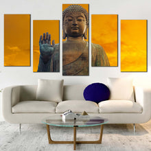 Load image into Gallery viewer, buddha blessing canvas print yellow sunset buddha multi canvas brown big brown buddha statue 5 piece canvas For Your Living Room
