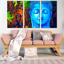 Load image into Gallery viewer, buddha face canvas wall art buddha mind soul 3 piece canvas print blue buddha meditation multi canvas artwork In Living Room
