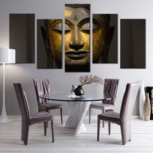 Load image into Gallery viewer, buddha meditation canvas print grey yellow buddha close up multiple canvas peaceful buddha mind soul 5 piece canvas wall art In Dining Room
