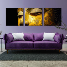 Load image into Gallery viewer, buddha  meditation  canvas  print  yellow  grey  buddha  face  multiple  canvas  peaceful  buddha  close  up  3  piece  canvas  wall  art For Living Room
