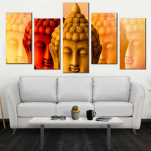 Load image into Gallery viewer, buddha meditation canvas wall art buddha faces 5 piece canvas print red yellow buddha shadows multiple canvas In Living Room
