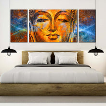 Load image into Gallery viewer, buddha  meditation  canvas  wall  art  gold  buddha  face  multi  canvas  yellow  peaceful  buddha  canvas  3  piece  canvas  print In Bedroom
