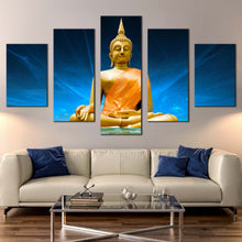 Load image into Gallery viewer, buddha meditation canvas wall art gold buddha statue 5 piece canvas print blue scenic lighting background buddha multiple canvas For Living room
