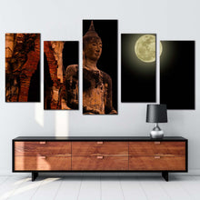 Load image into Gallery viewer, buddha statue canvas wall art black sky full moon buddha temple 5 piece canvas big oldest brown buddha canvas print
