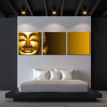 Load image into Gallery viewer, buddha  statue  canvas  wall  art  yellow  background  buddha  3  piece  multiple  canvas  gold  buddha  mind  and  soul  canvas  print For Bedroom
