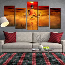 Load image into Gallery viewer, buddha surreal wall art orange gazing horses 5 piece canvasred dawn sky canvas print In Living Room
