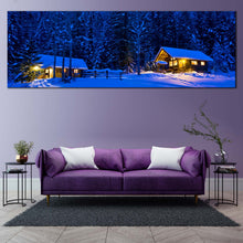 Load image into Gallery viewer, cabin  lights  at  dusk  1  piece  canvas  wall  art  yellow  forest  with  beautiful  blue  snowy  scenery  canvas  print  for Living Room
